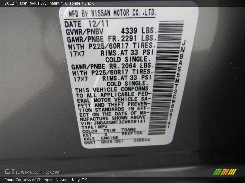 Platinum Graphite / Black 2012 Nissan Rogue SV