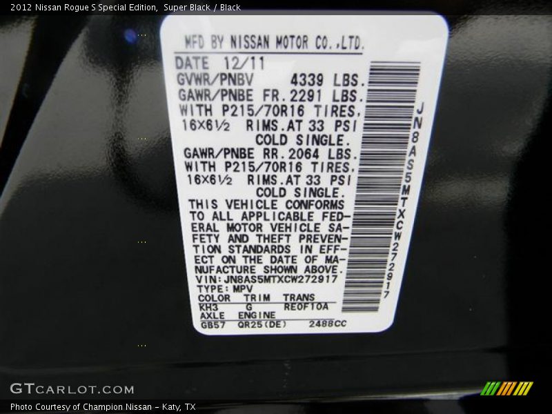 Super Black / Black 2012 Nissan Rogue S Special Edition