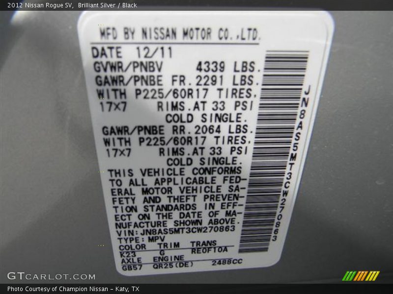 Brilliant Silver / Black 2012 Nissan Rogue SV