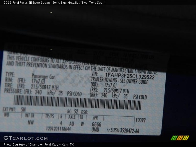 2012 Focus SE Sport Sedan Sonic Blue Metallic Color Code SN