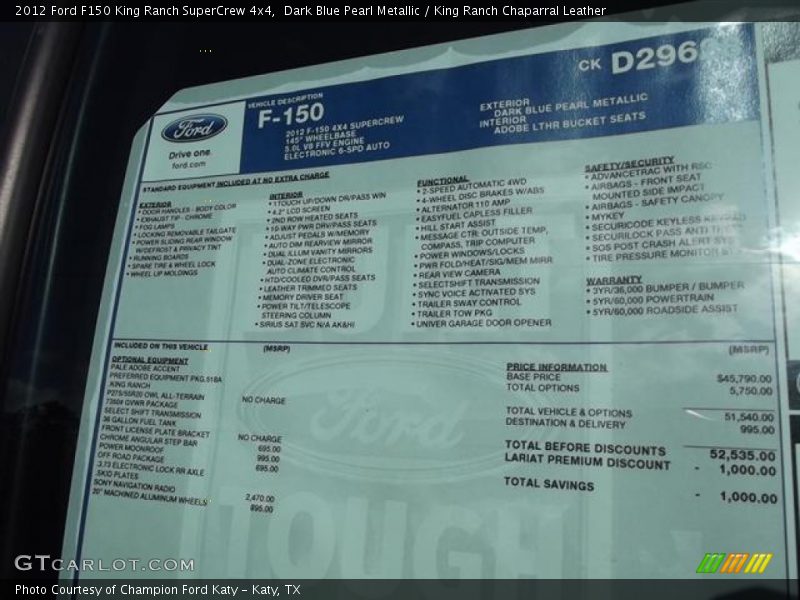 Dark Blue Pearl Metallic / King Ranch Chaparral Leather 2012 Ford F150 King Ranch SuperCrew 4x4