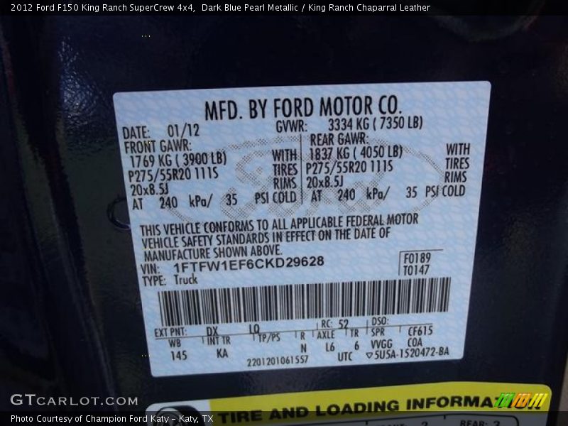 2012 F150 King Ranch SuperCrew 4x4 Dark Blue Pearl Metallic Color Code DX