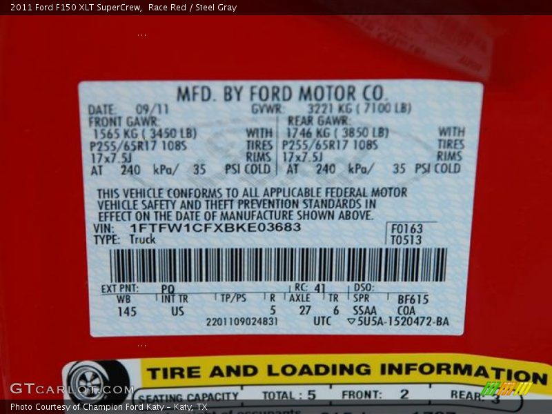 2011 F150 XLT SuperCrew Race Red Color Code PQ