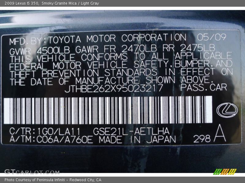 2009 IS 350 Smoky Granite Mica Color Code 1G0