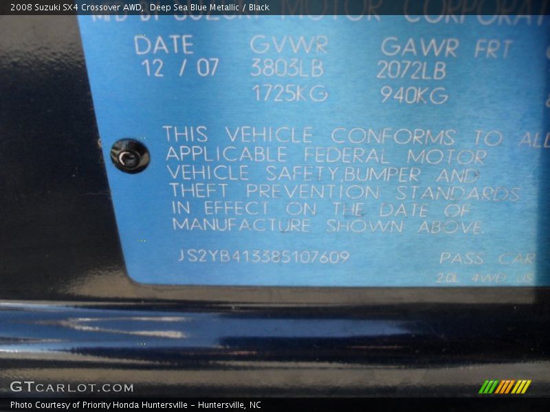 Deep Sea Blue Metallic / Black 2008 Suzuki SX4 Crossover AWD
