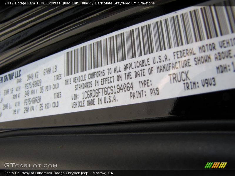 2012 Ram 1500 Express Quad Cab Black Color Code PX8