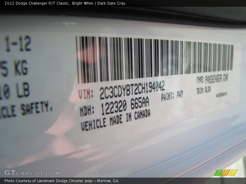 2012 Challenger R/T Classic Bright White Color Code PW7