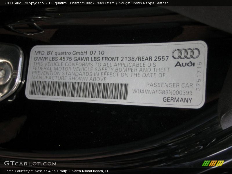Phantom Black Pearl Effect / Nougat Brown Nappa Leather 2011 Audi R8 Spyder 5.2 FSI quattro