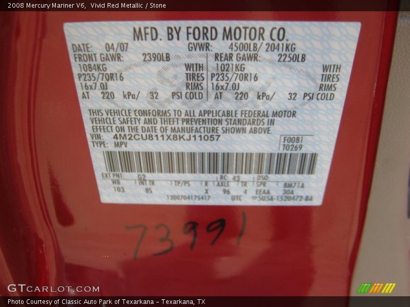 Vivid Red Metallic / Stone 2008 Mercury Mariner V6