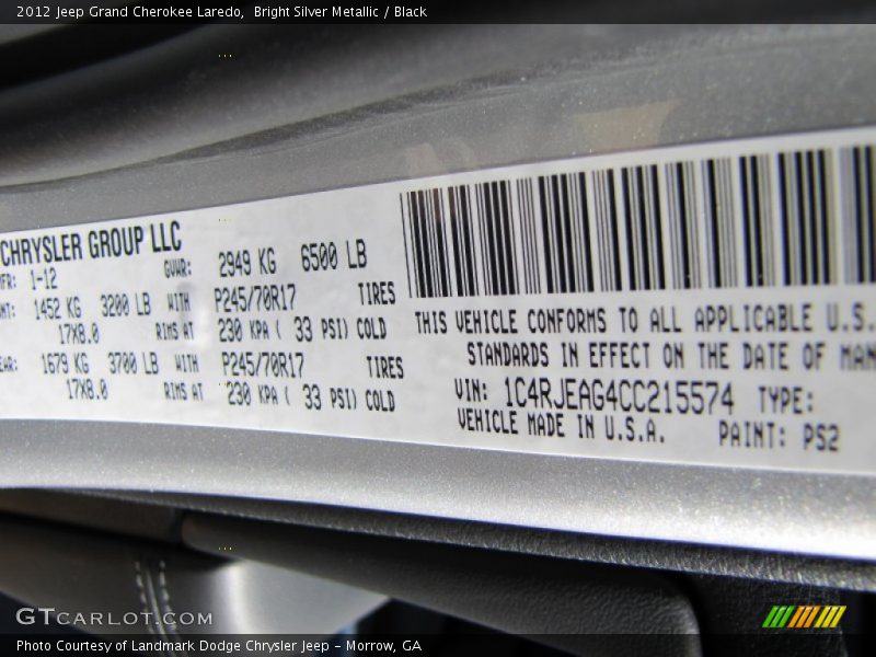 Bright Silver Metallic / Black 2012 Jeep Grand Cherokee Laredo