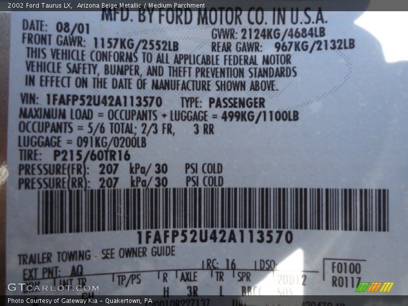 Arizona Beige Metallic / Medium Parchment 2002 Ford Taurus LX