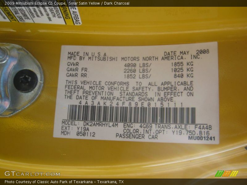 2009 Eclipse GS Coupe Solar Satin Yellow Color Code Y19A
