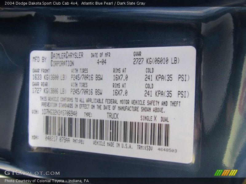 Atlantic Blue Pearl / Dark Slate Gray 2004 Dodge Dakota Sport Club Cab 4x4