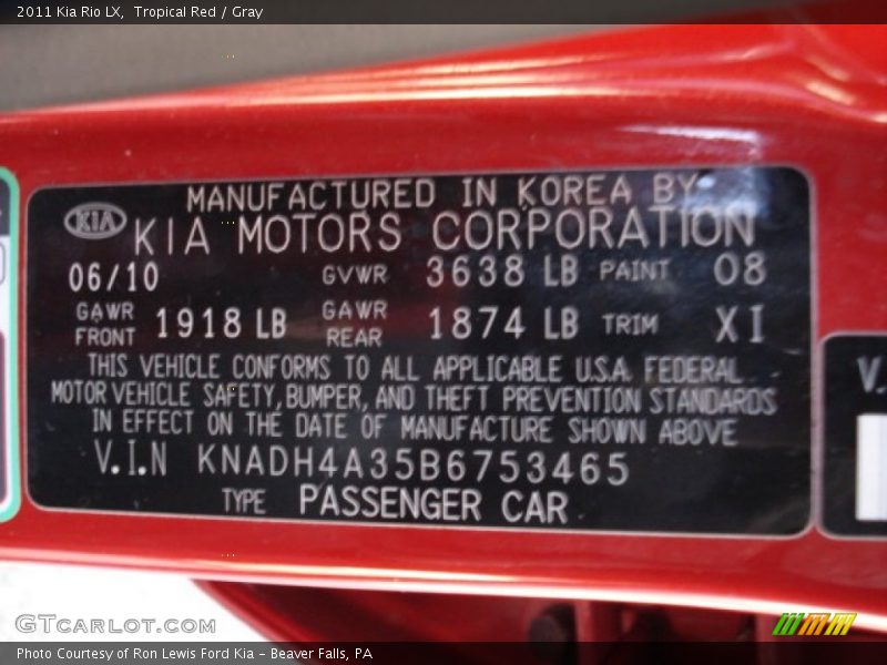 Tropical Red / Gray 2011 Kia Rio LX