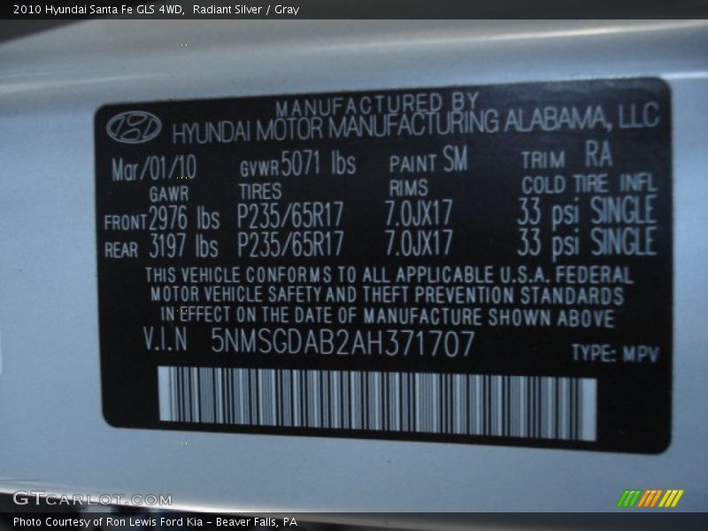 Radiant Silver / Gray 2010 Hyundai Santa Fe GLS 4WD