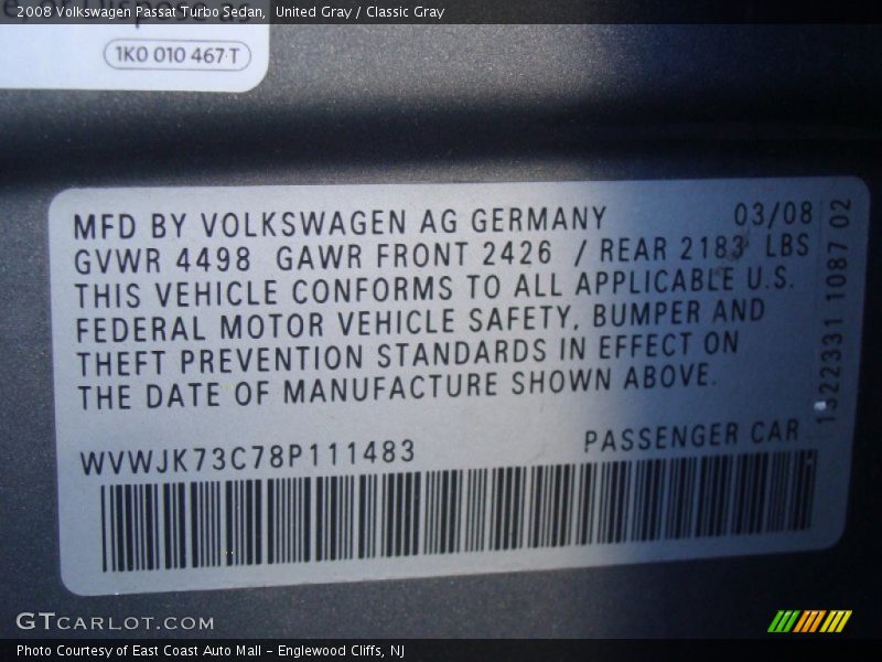 United Gray / Classic Gray 2008 Volkswagen Passat Turbo Sedan