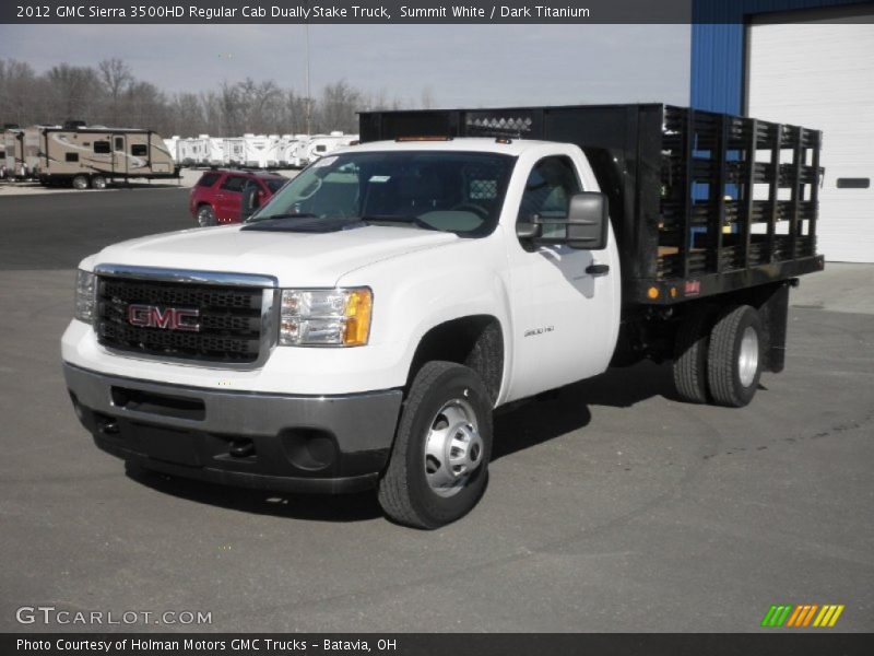 Summit White / Dark Titanium 2012 GMC Sierra 3500HD Regular Cab Dually Stake Truck