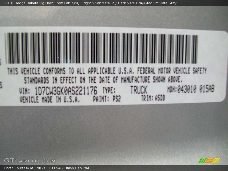 Bright Silver Metallic / Dark Slate Gray/Medium Slate Gray 2010 Dodge Dakota Big Horn Crew Cab 4x4