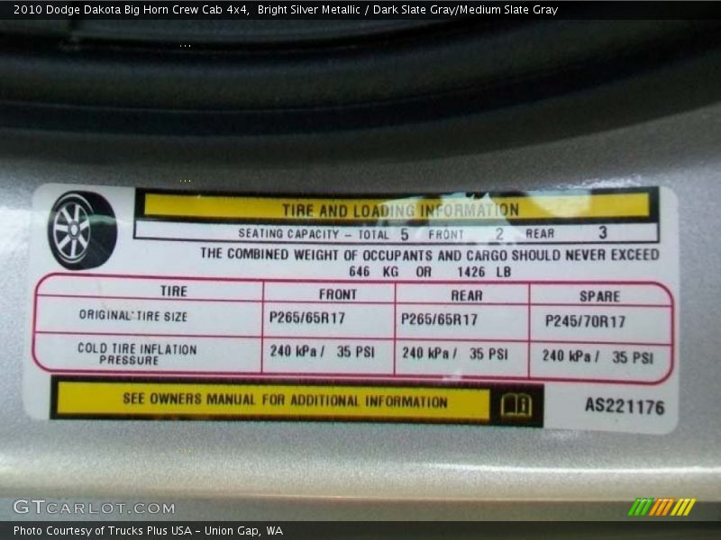 Bright Silver Metallic / Dark Slate Gray/Medium Slate Gray 2010 Dodge Dakota Big Horn Crew Cab 4x4