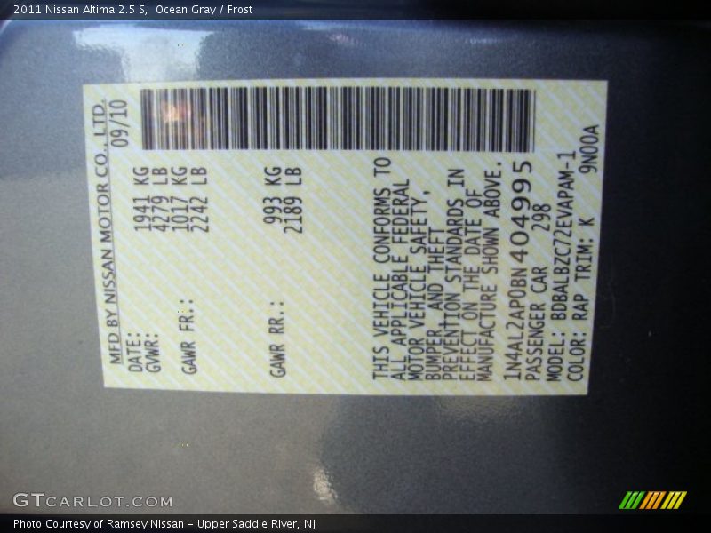 Ocean Gray / Frost 2011 Nissan Altima 2.5 S