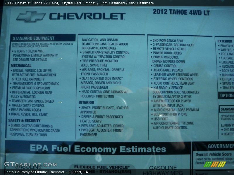  2012 Tahoe Z71 4x4 Window Sticker