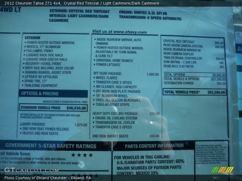  2012 Tahoe Z71 4x4 Window Sticker