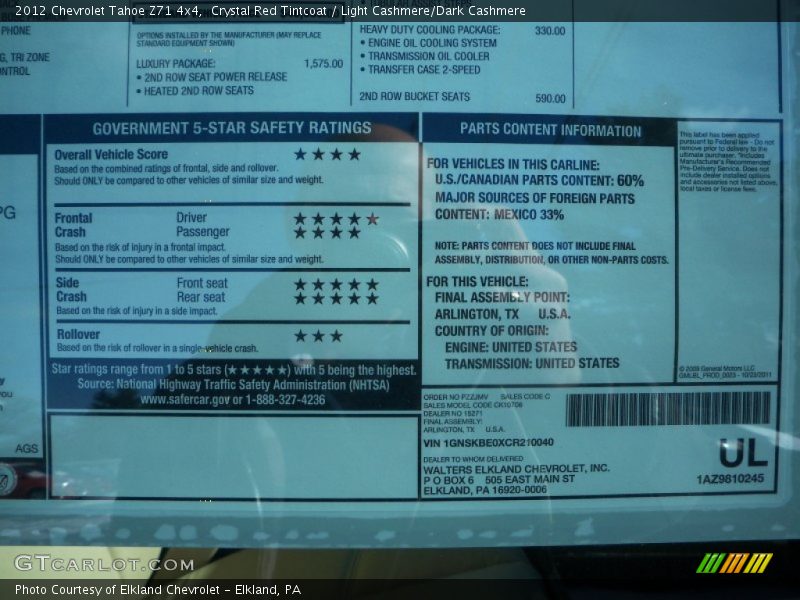  2012 Tahoe Z71 4x4 Window Sticker