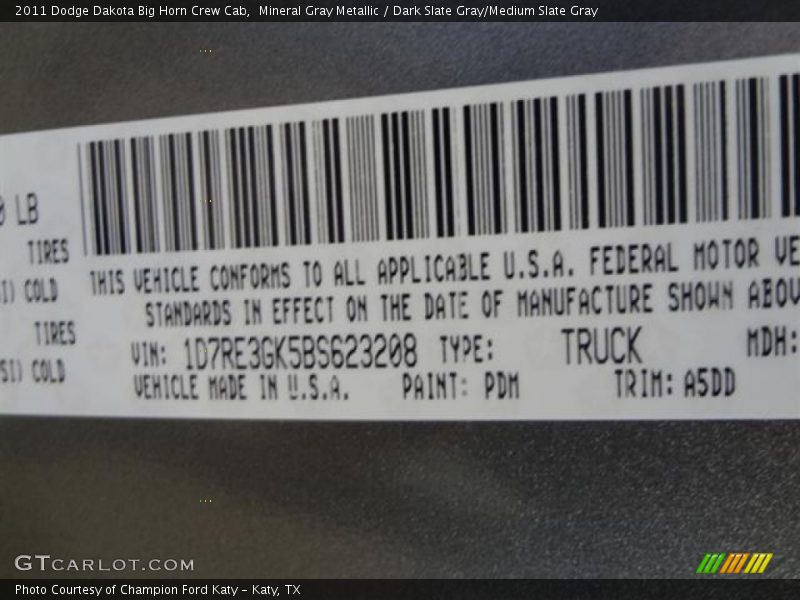 Mineral Gray Metallic / Dark Slate Gray/Medium Slate Gray 2011 Dodge Dakota Big Horn Crew Cab