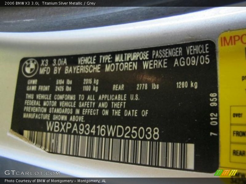 Titanium Silver Metallic / Grey 2006 BMW X3 3.0i