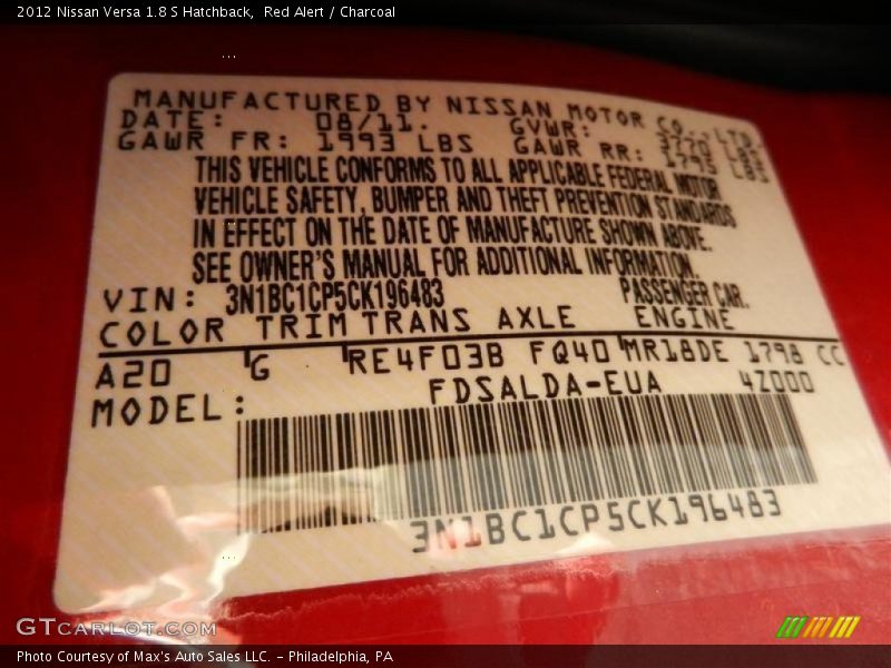 Red Alert / Charcoal 2012 Nissan Versa 1.8 S Hatchback