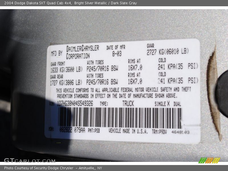 2004 Dakota SXT Quad Cab 4x4 Bright Silver Metallic Color Code PSB