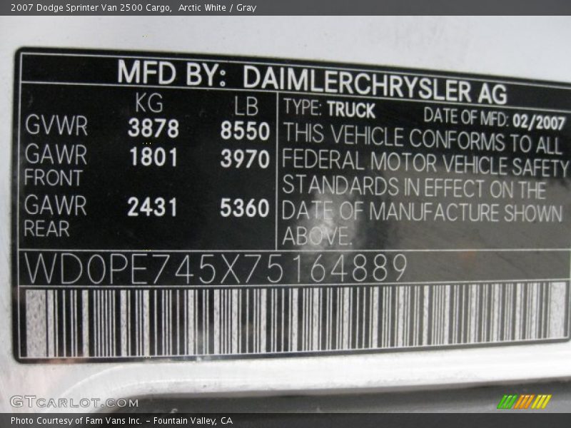 Arctic White / Gray 2007 Dodge Sprinter Van 2500 Cargo