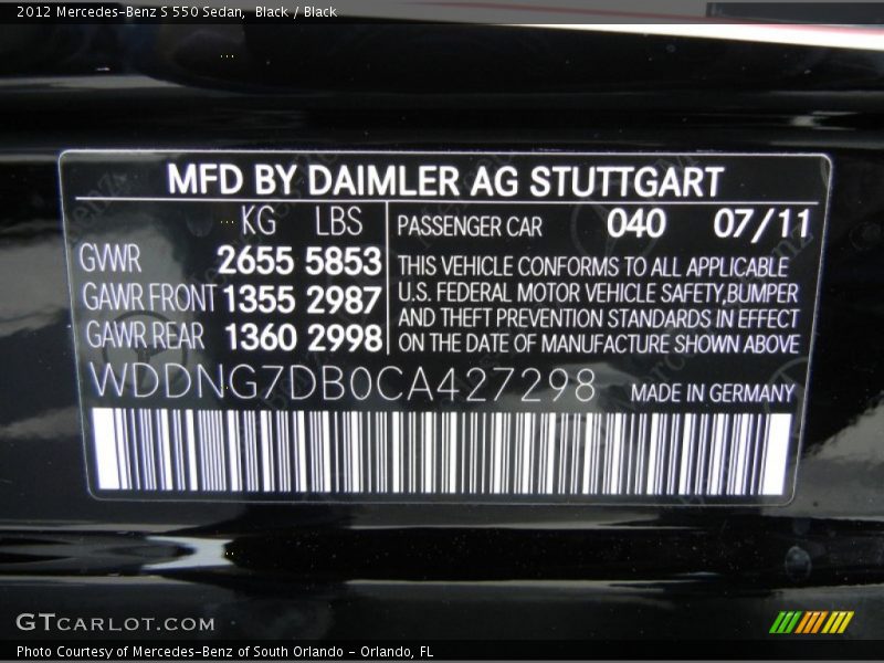 Black / Black 2012 Mercedes-Benz S 550 Sedan