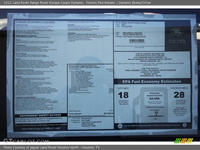 2012 Range Rover Evoque Coupe Dynamic Window Sticker