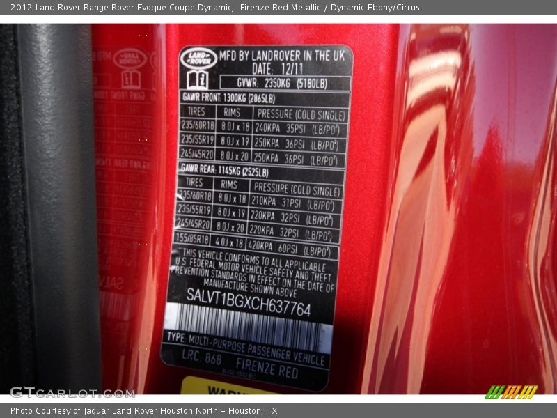 2012 Range Rover Evoque Coupe Dynamic Firenze Red Metallic Color Code 868