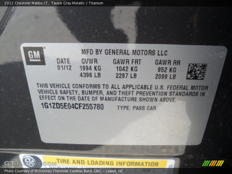 Taupe Gray Metallic / Titanium 2012 Chevrolet Malibu LT