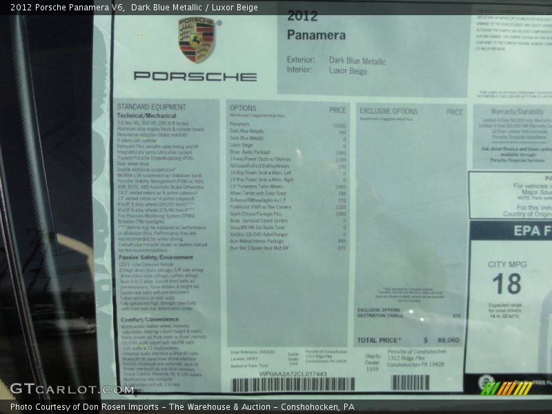  2012 Panamera V6 Window Sticker