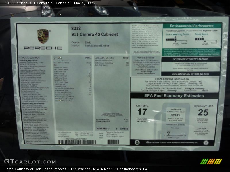  2012 911 Carrera 4S Cabriolet Window Sticker