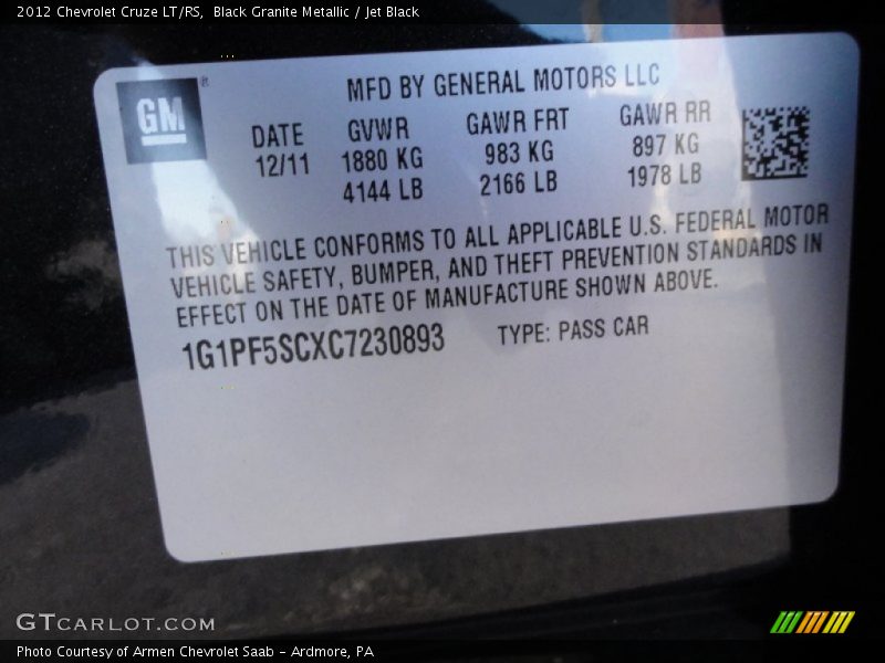 Black Granite Metallic / Jet Black 2012 Chevrolet Cruze LT/RS