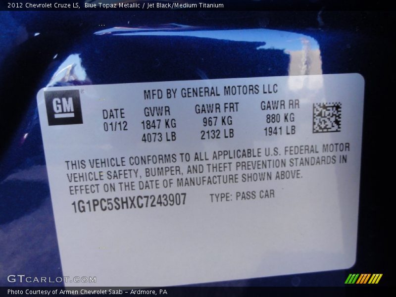 Blue Topaz Metallic / Jet Black/Medium Titanium 2012 Chevrolet Cruze LS