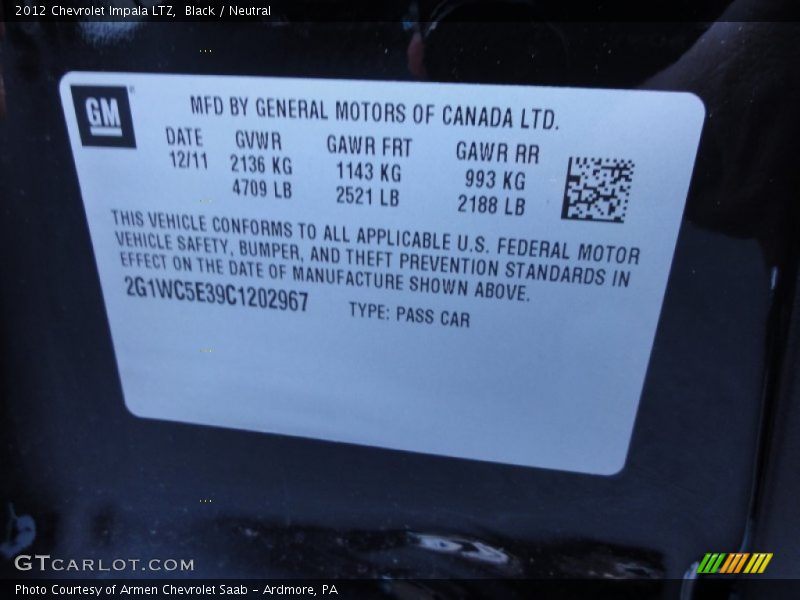Black / Neutral 2012 Chevrolet Impala LTZ