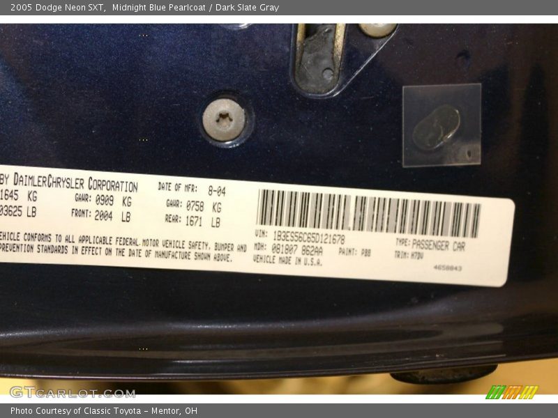 2005 Neon SXT Midnight Blue Pearlcoat Color Code PB8