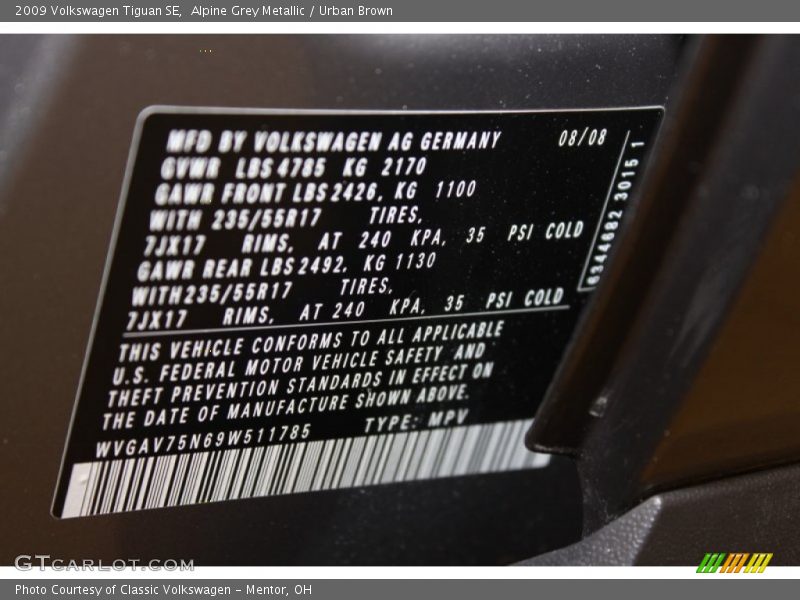 Alpine Grey Metallic / Urban Brown 2009 Volkswagen Tiguan SE