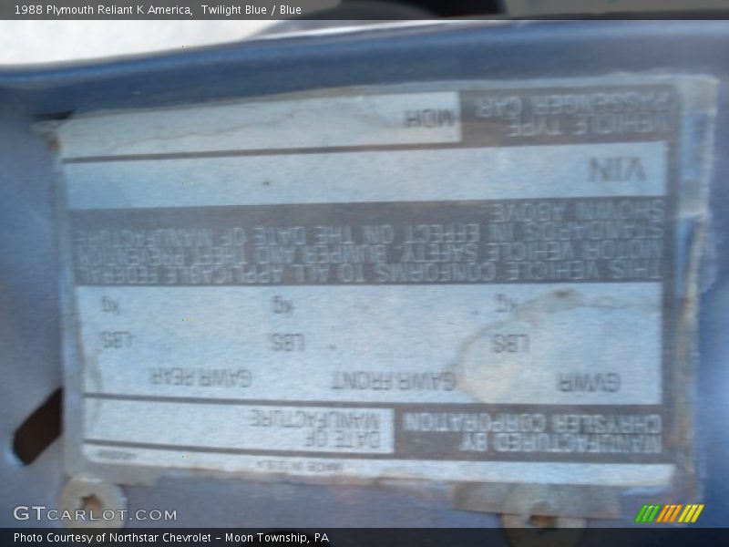 Twilight Blue / Blue 1988 Plymouth Reliant K America