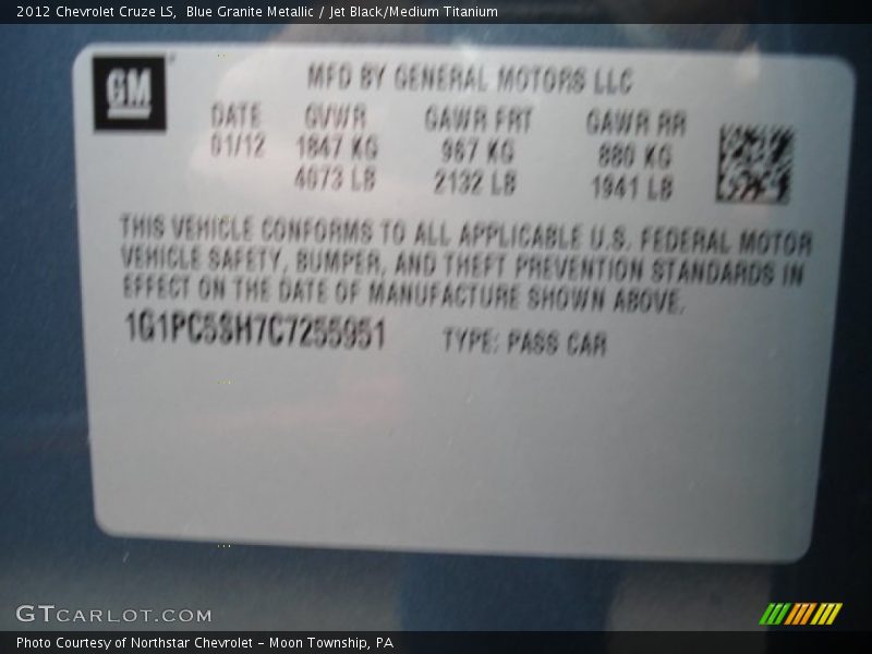 Blue Granite Metallic / Jet Black/Medium Titanium 2012 Chevrolet Cruze LS