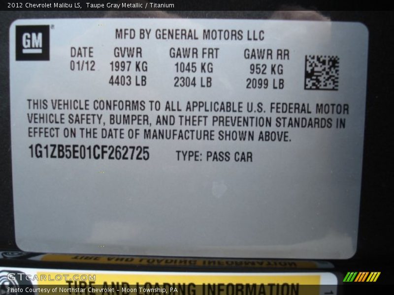 Taupe Gray Metallic / Titanium 2012 Chevrolet Malibu LS