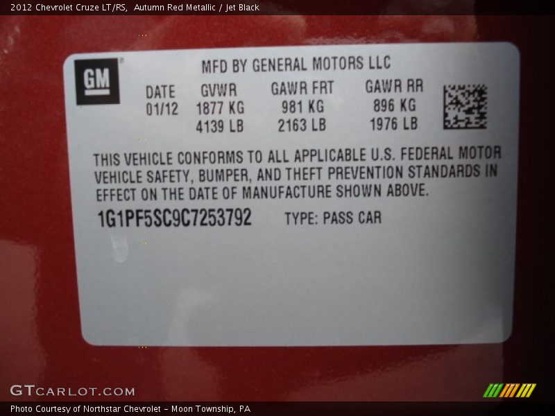 Autumn Red Metallic / Jet Black 2012 Chevrolet Cruze LT/RS