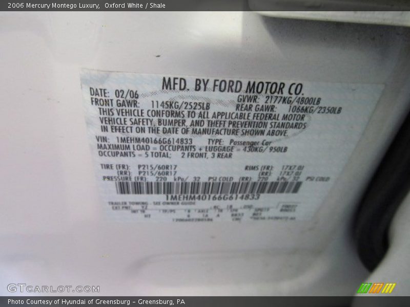 2006 Montego Luxury Oxford White Color Code YZ