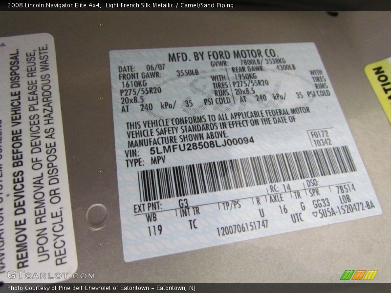 2008 Navigator Elite 4x4 Light French Silk Metallic Color Code G3