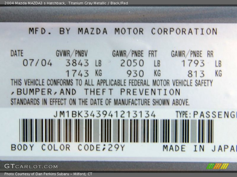 2004 MAZDA3 s Hatchback Titanium Gray Metallic Color Code 29Y